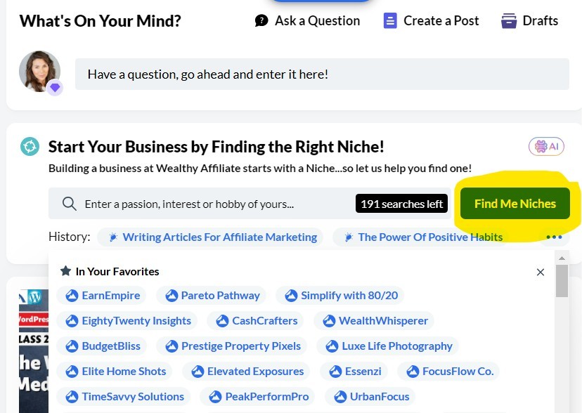 Niche Finder screenshot with Wealthy Affiliate